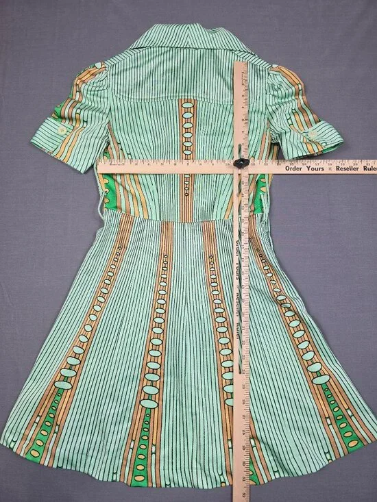 Vintage Green & Gold Striped Medium Collared Short Sleeve Dress Abstract Flawed - Picture 2 of 5